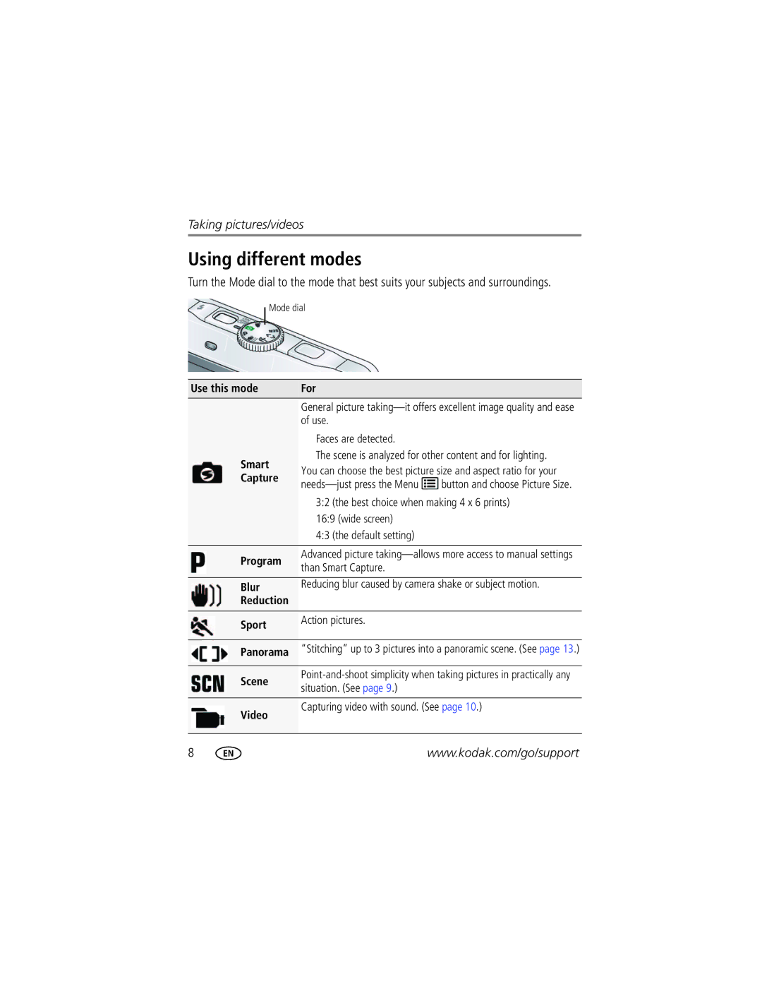 Kodak 8610982 manual Using different modes 