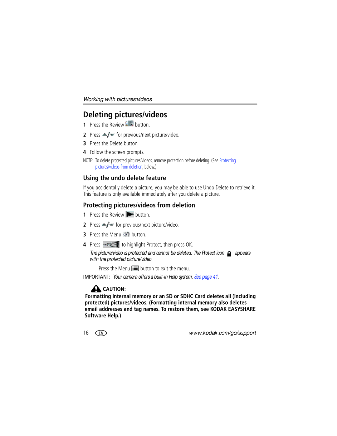 Kodak 8610982 manual Deleting pictures/videos, Using the undo delete feature, Protecting pictures/videos from deletion 