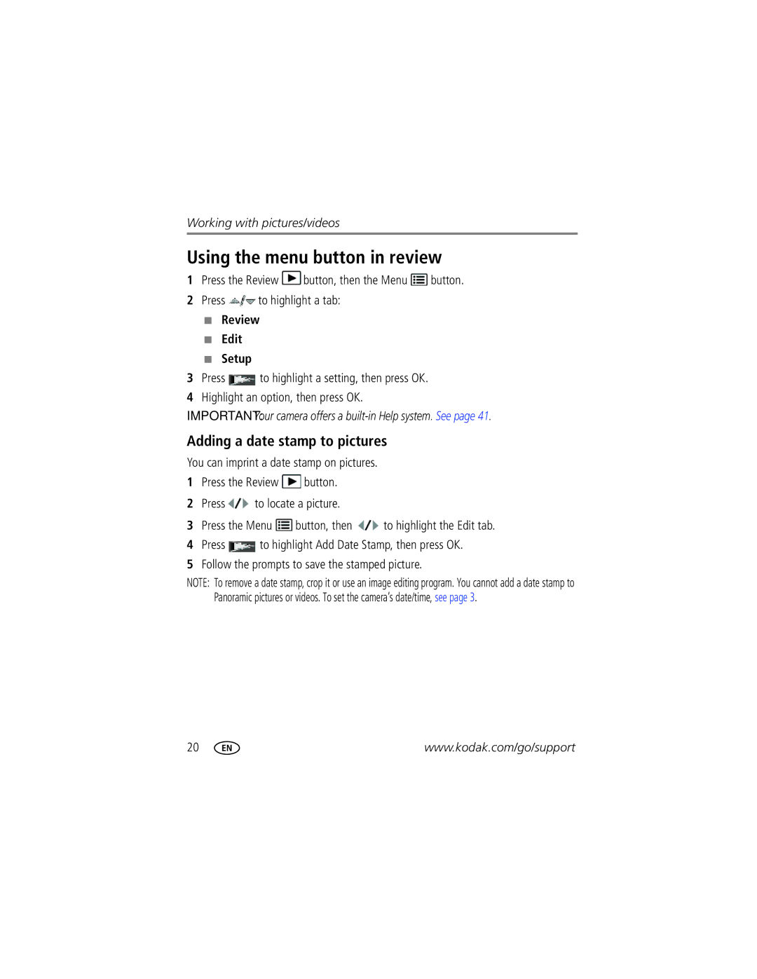 Kodak 8610982 manual Using the menu button in review, Adding a date stamp to pictures, Review Edit Setup 