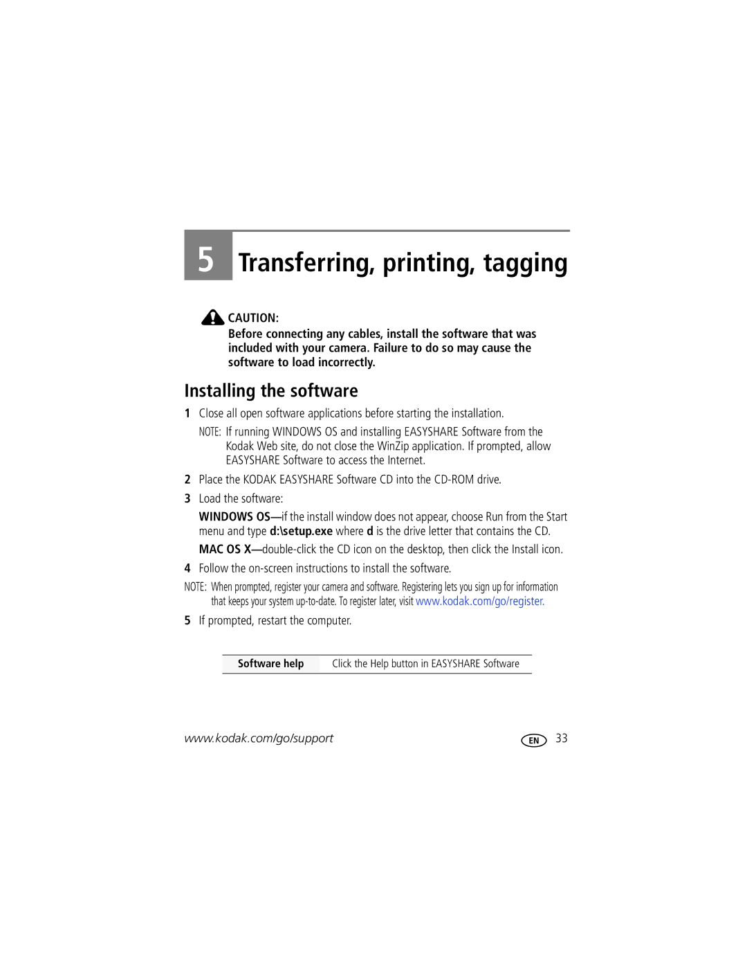 Kodak 8610982 manual Transferring, printing, tagging, Installing the software 