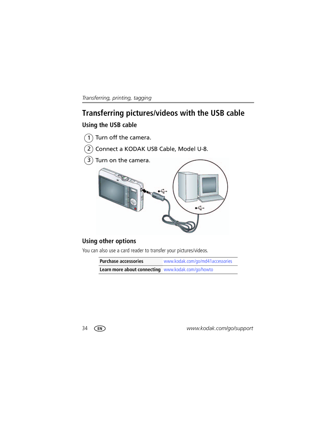 Kodak 8610982 manual Transferring pictures/videos with the USB cable, Using the USB cable, Using other options 