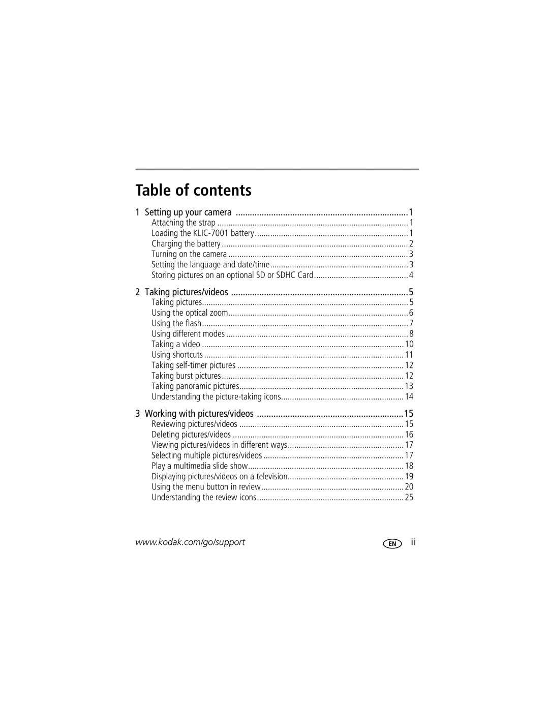 Kodak 8610982 manual Table of contents 