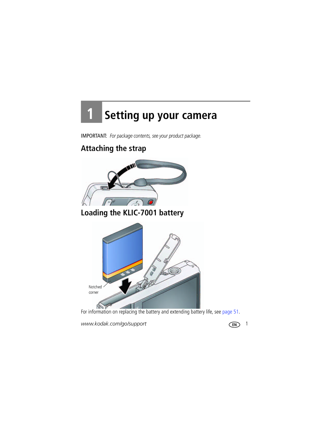 Kodak 8610982 manual Setting up your camera, Attaching the strap Loading the KLIC-7001 battery 