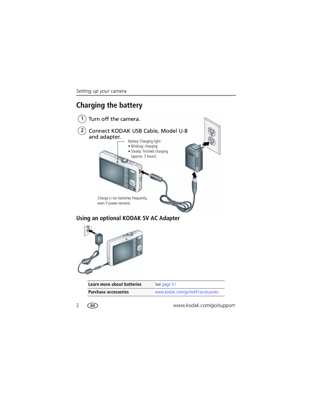 Kodak 8610982 manual Charging the battery, Using an optional Kodak 5V AC Adapter, Learn more about batteries 