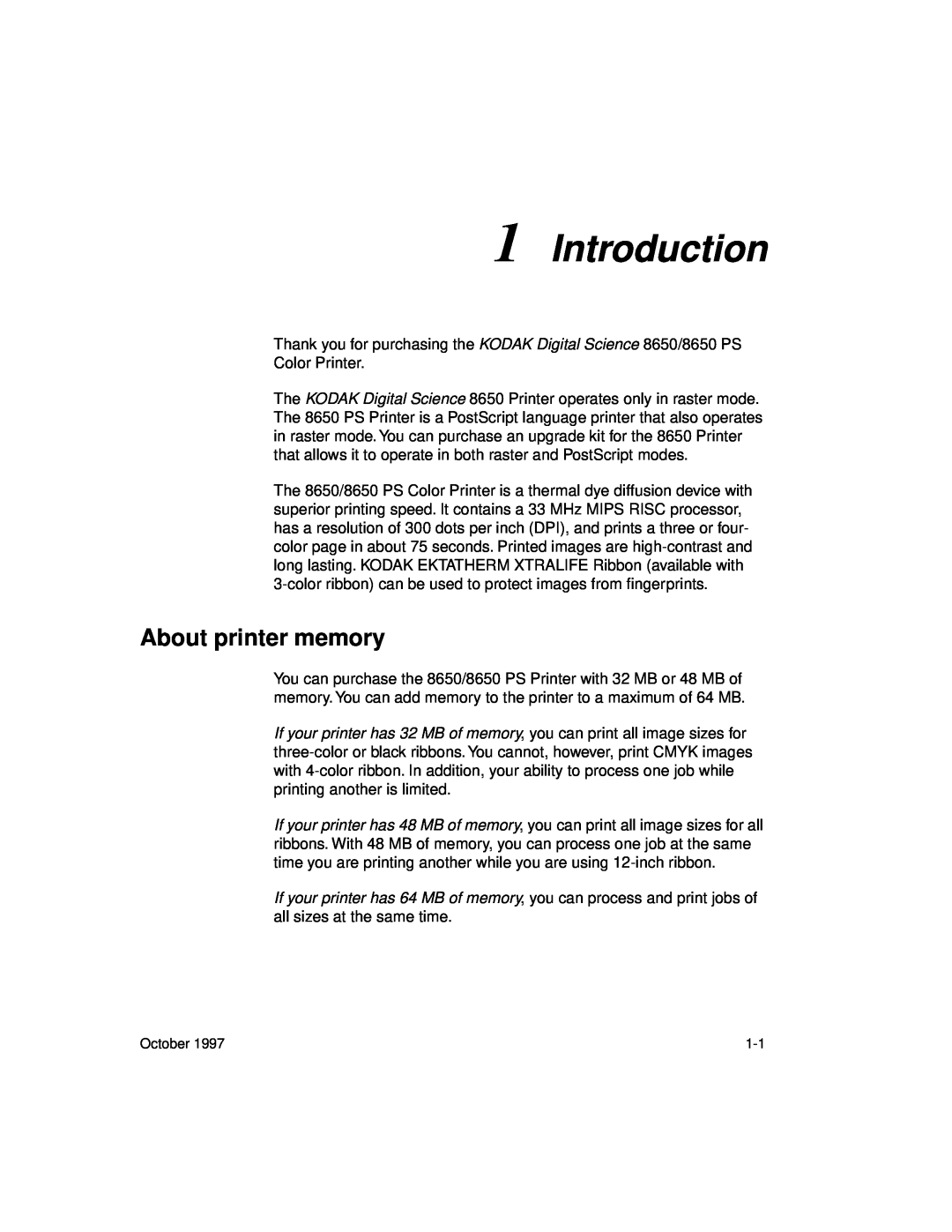 Kodak 8650 manual Introduction, About printer memory 