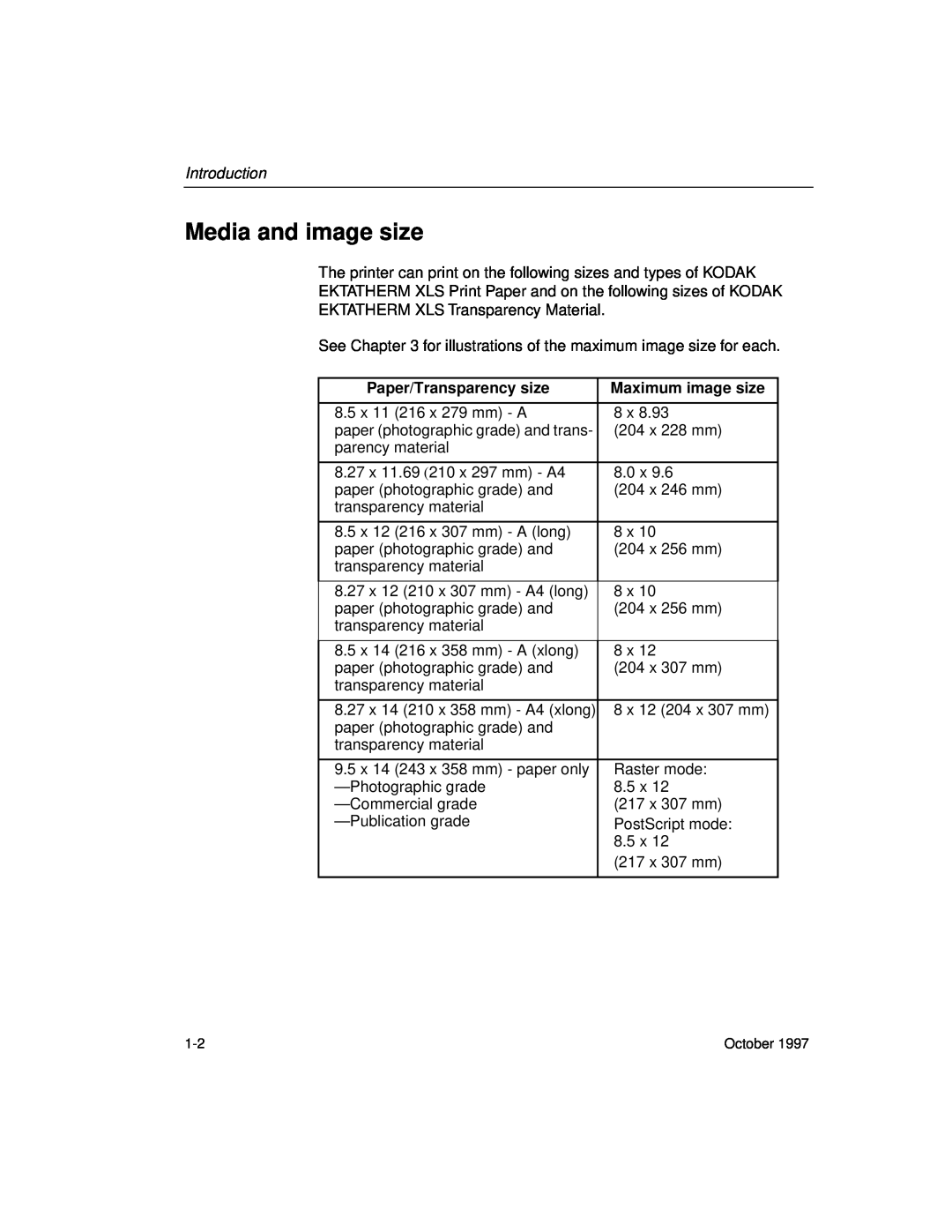 Kodak 8650 manual Media and image size, Introduction, Paper/Transparency size, Maximum image size 