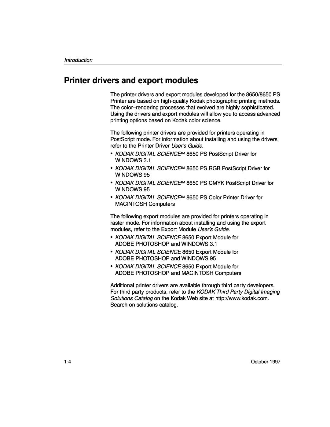 Kodak 8650 manual Printer drivers and export modules, Introduction 
