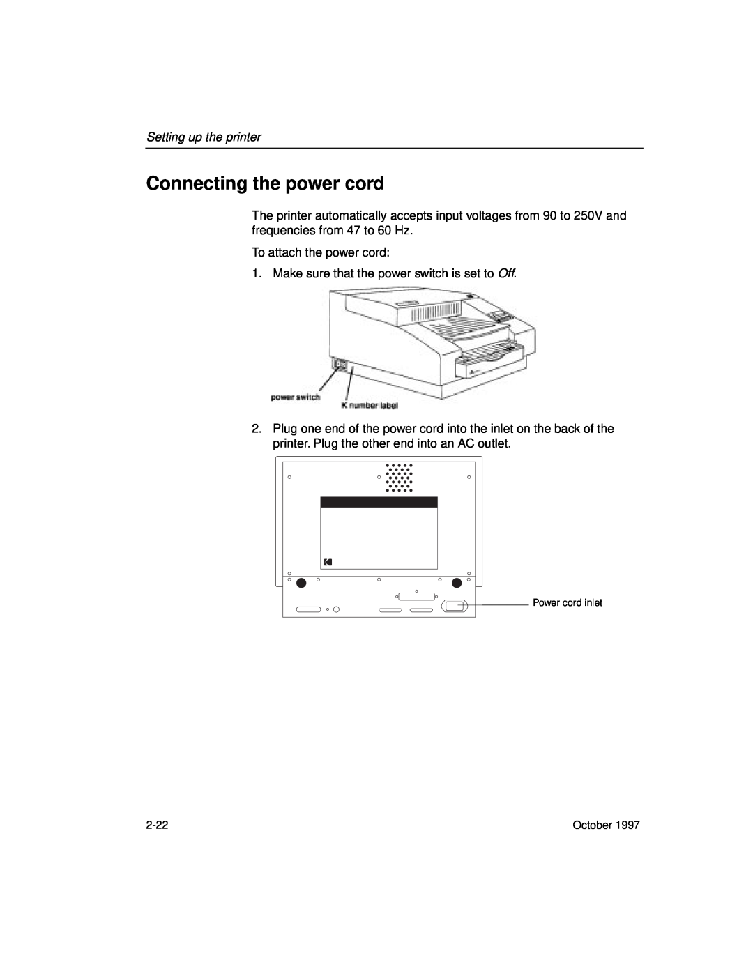 Kodak 8650 manual Connecting the power cord, Setting up the printer, Power cord inlet, 2-22, October 
