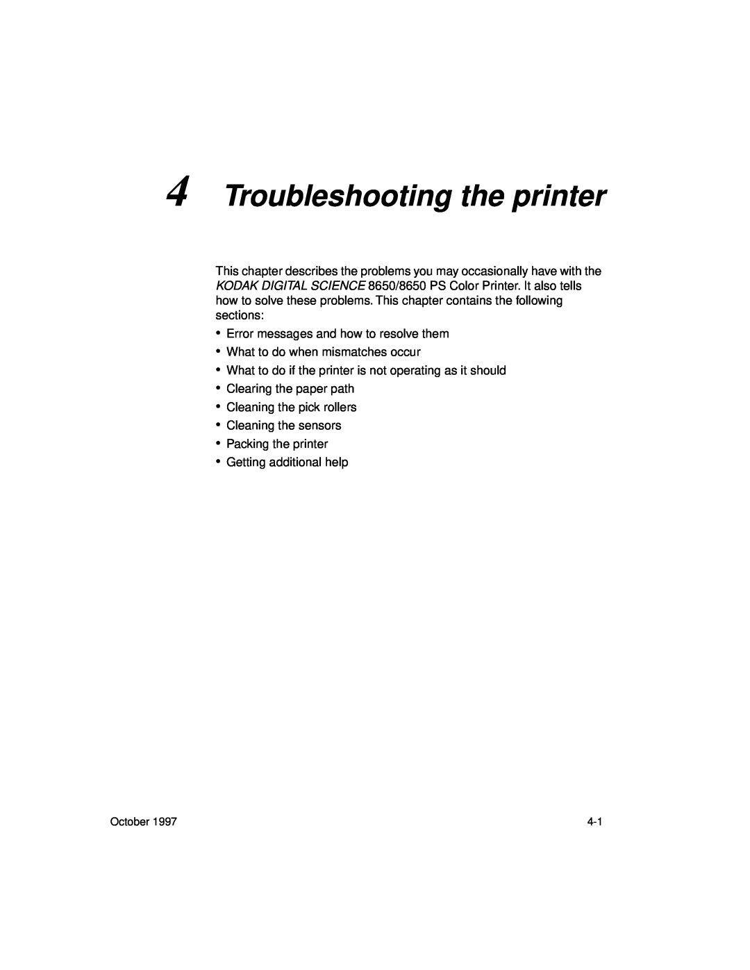 Kodak 8650 manual Troubleshooting the printer 