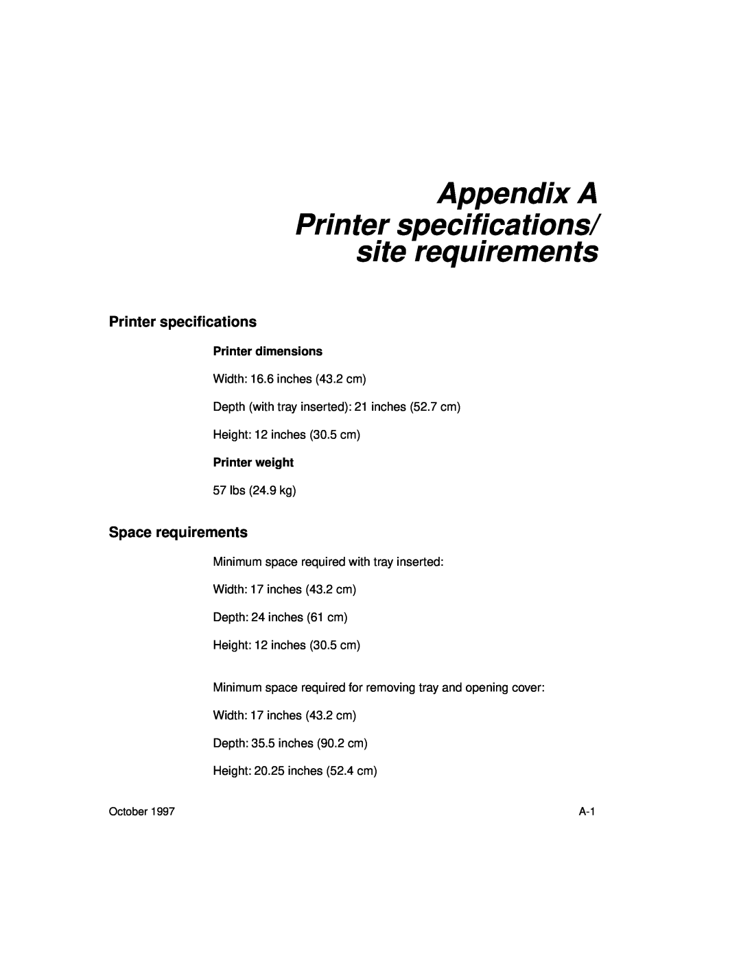 Kodak 8650 manual Appendix A, Printer speciﬁcations/ site requirements, Space requirements 
