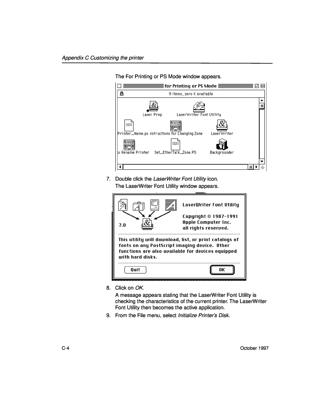 Kodak 8650 manual Appendix C Customizing the printer, The For Printing or PS Mode window appears 