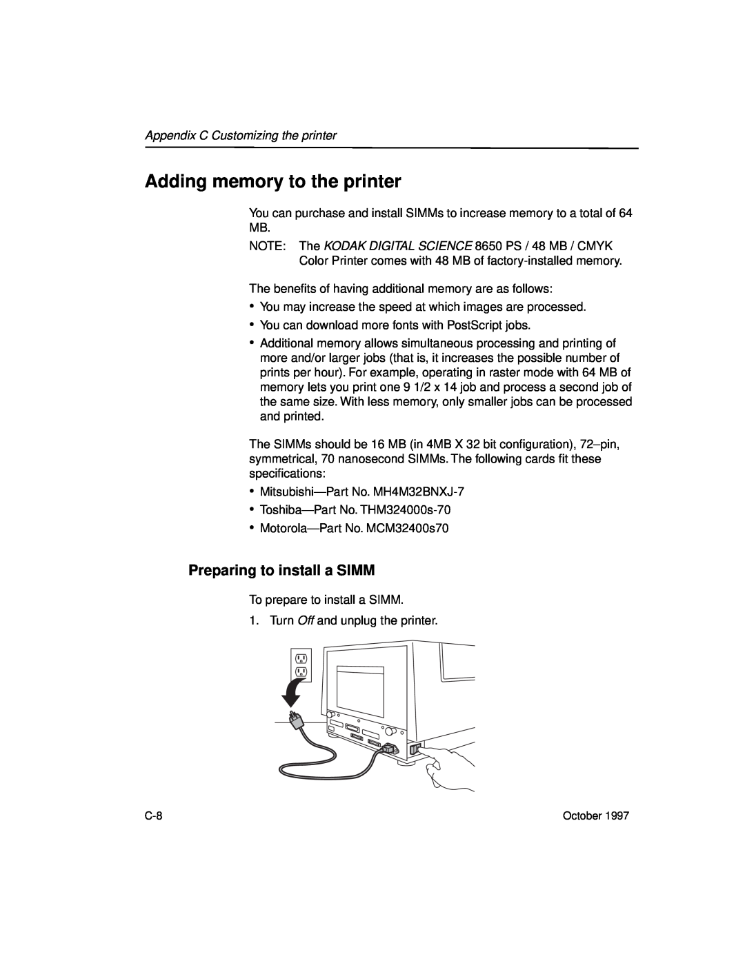 Kodak 8650 manual Adding memory to the printer, Preparing to install a SIMM, Appendix C Customizing the printer 