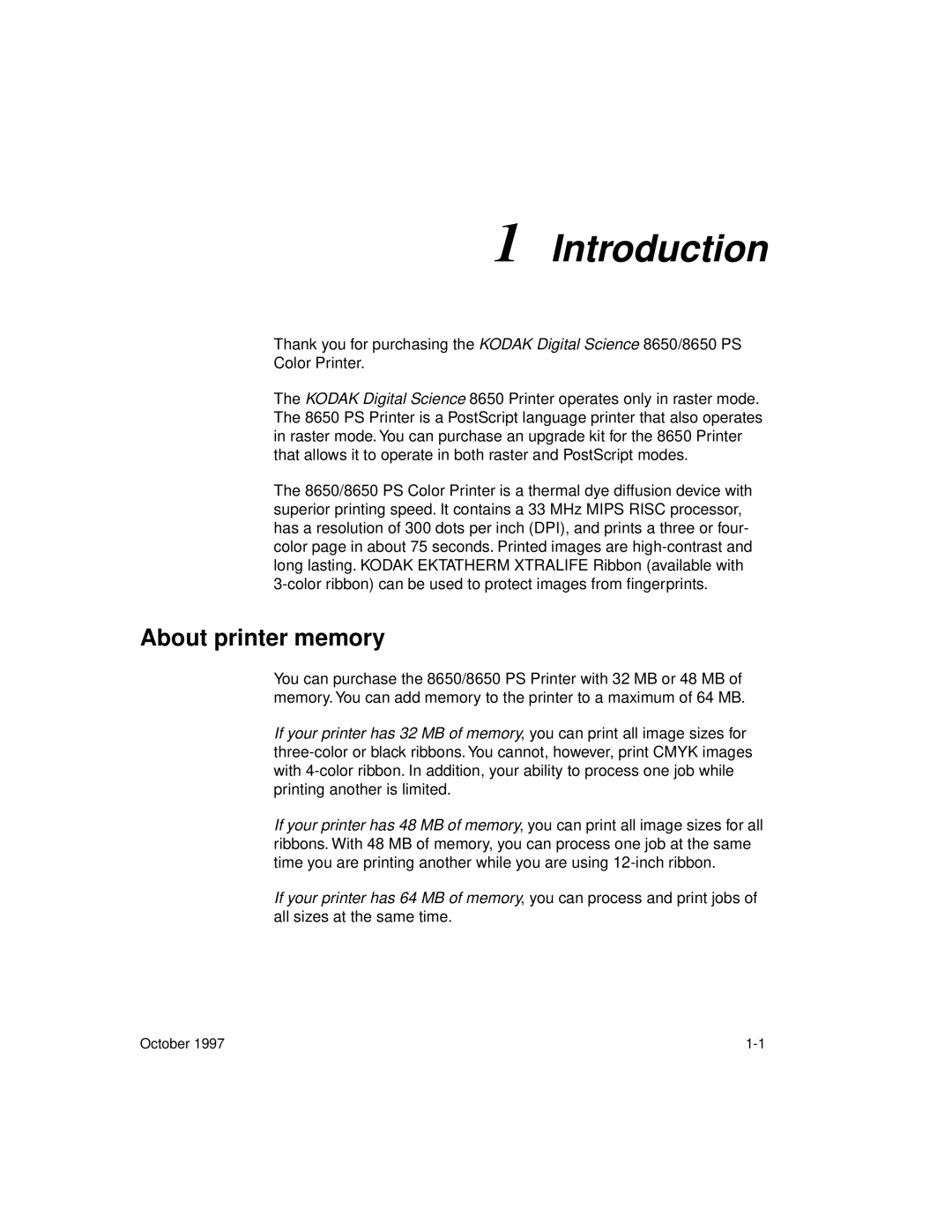 Kodak 8650 manual Introduction, About printer memory 