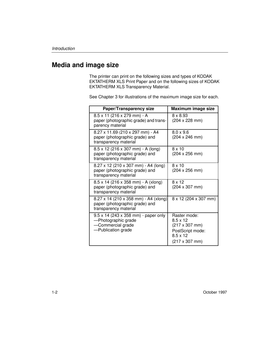 Kodak 8650 manual Media and image size, Paper/Transparency size Maximum image size 