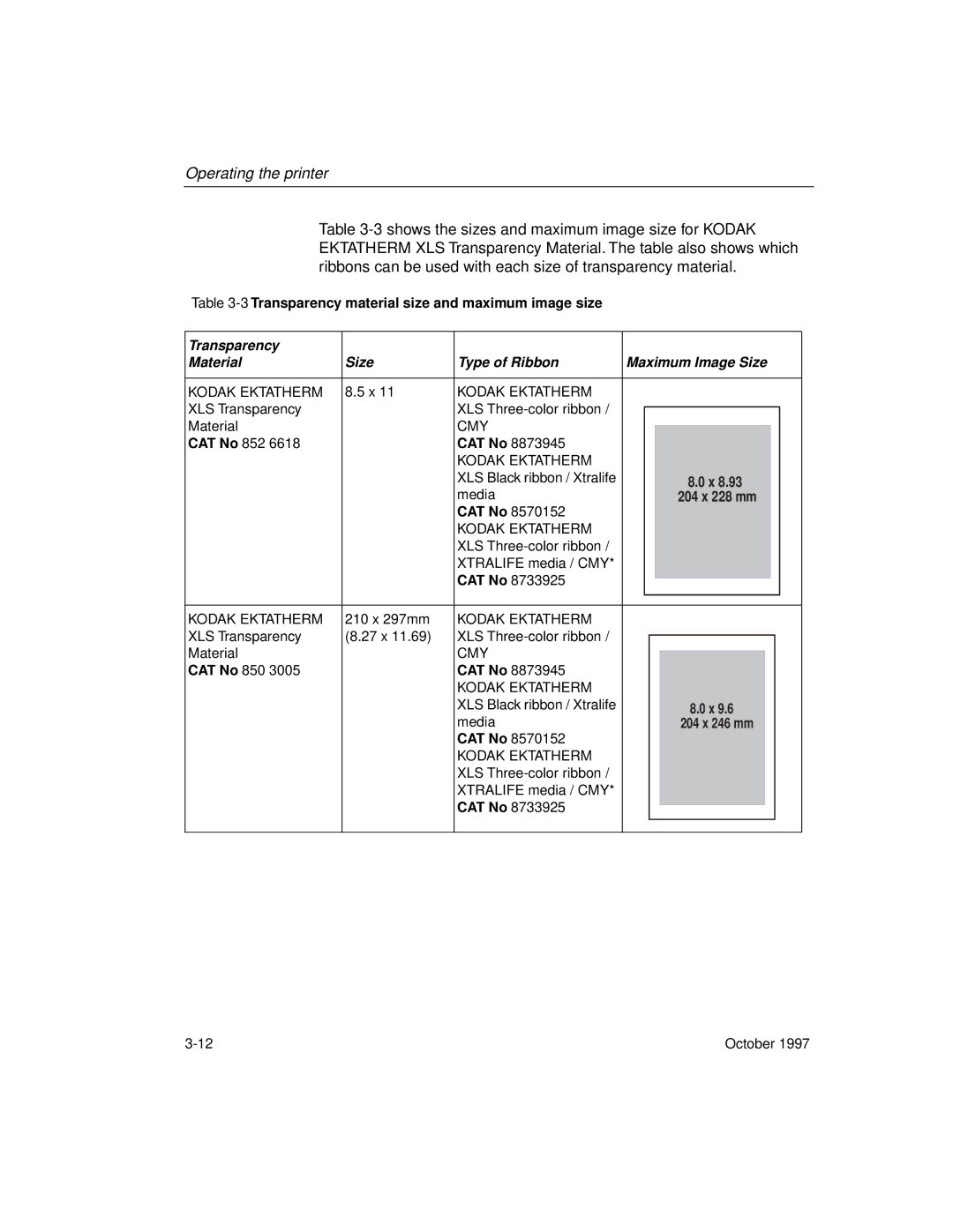 Kodak 8650 manual 3Transparency material size and maximum image size 