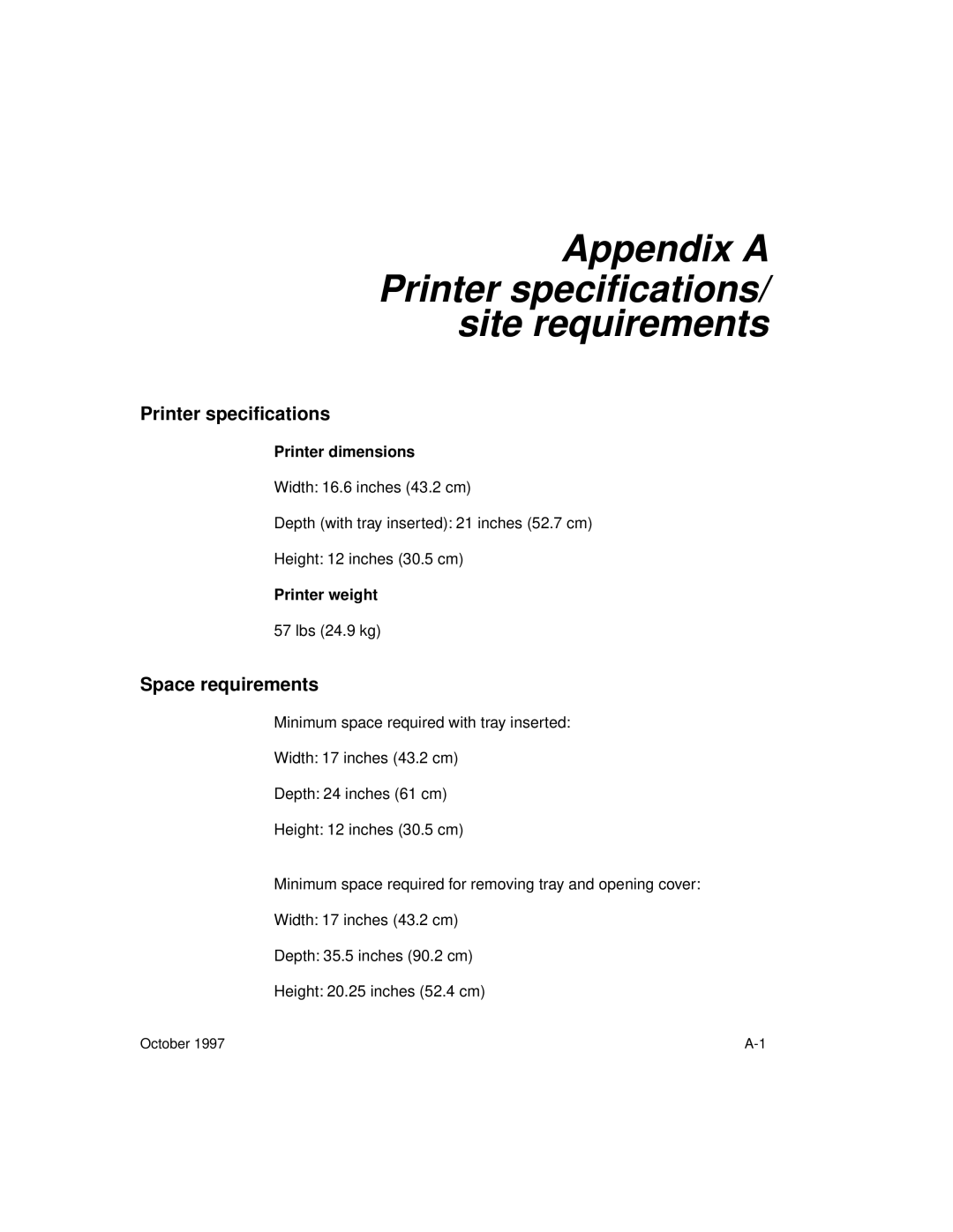 Kodak 8650 Appendix a Printer speciﬁcations/ site requirements, Space requirements, Printer dimensions, Printer weight 