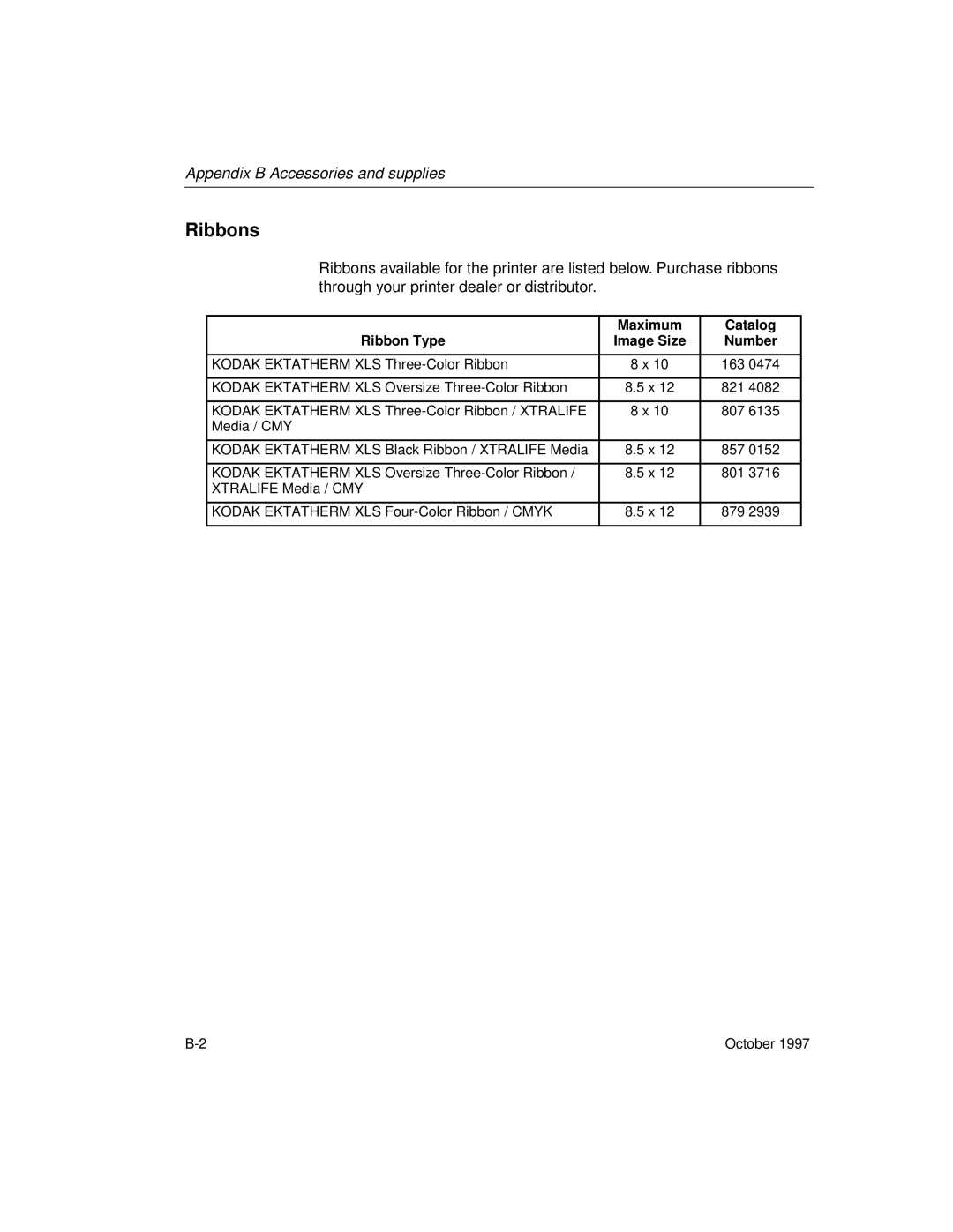 Kodak 8650 manual Ribbons, Maximum Catalog Ribbon Type Image Size Number 