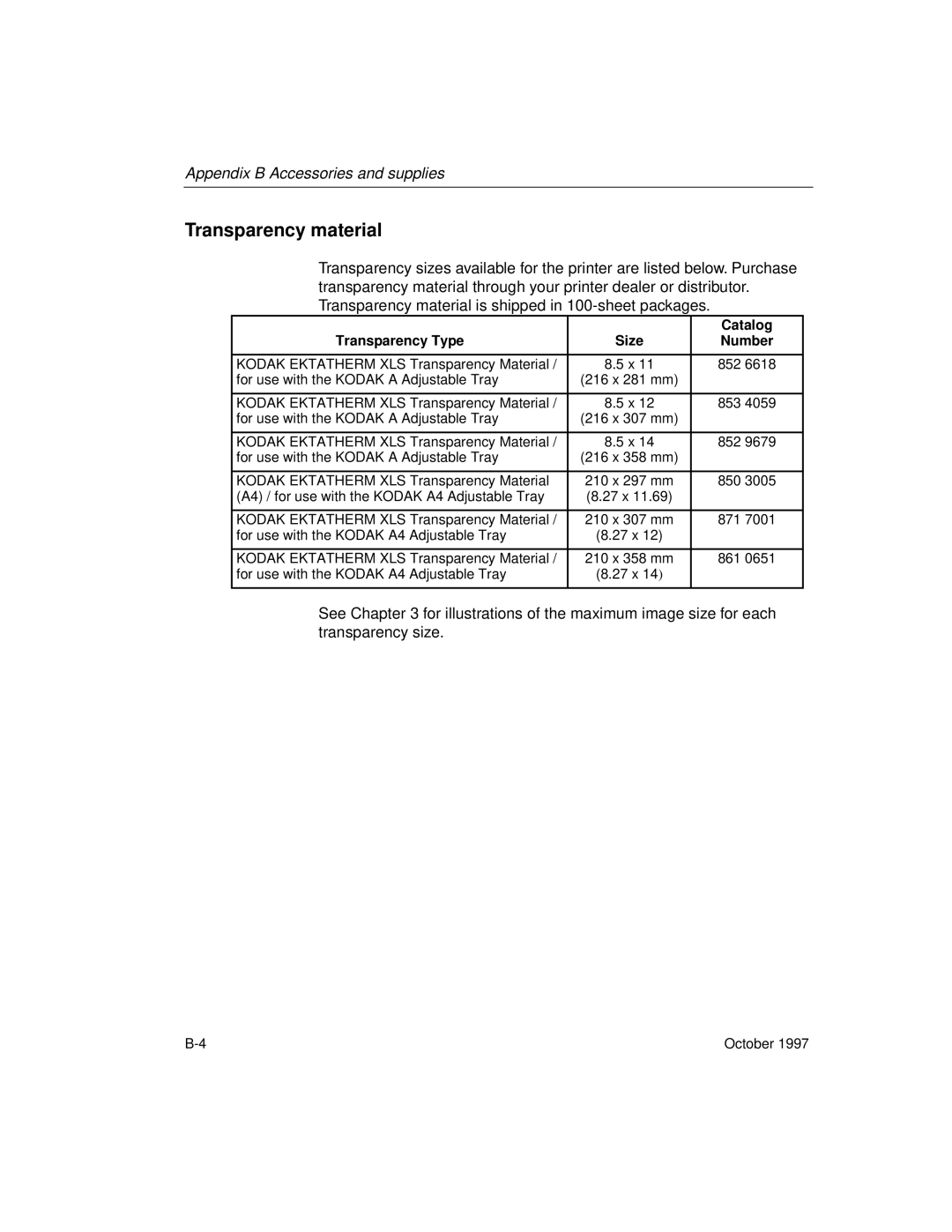 Kodak 8650 manual Transparency material, Transparency Type Size Number 