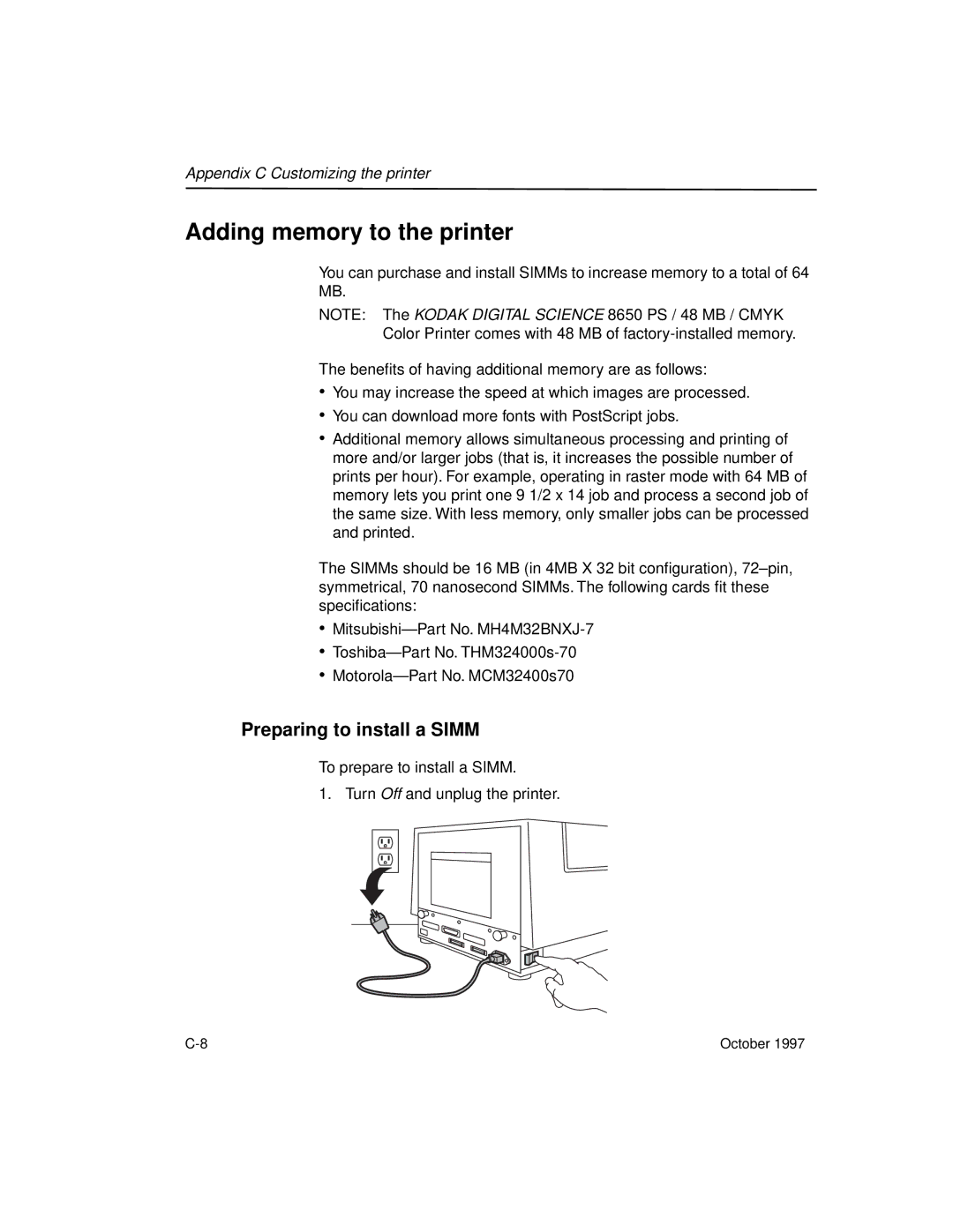 Kodak 8650 manual Adding memory to the printer, Preparing to install a Simm 