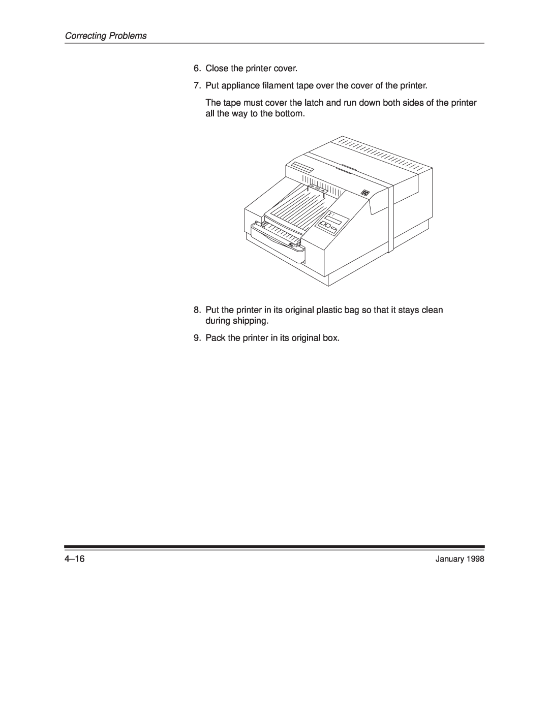 Kodak 8657 Correcting Problems, Close the printer cover, Put appliance filament tape over the cover of the printer, 4±16 