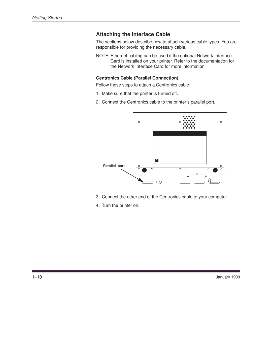 Kodak 8657 manual Attaching the Interface Cable, Centronics Cable Parallel Connection 