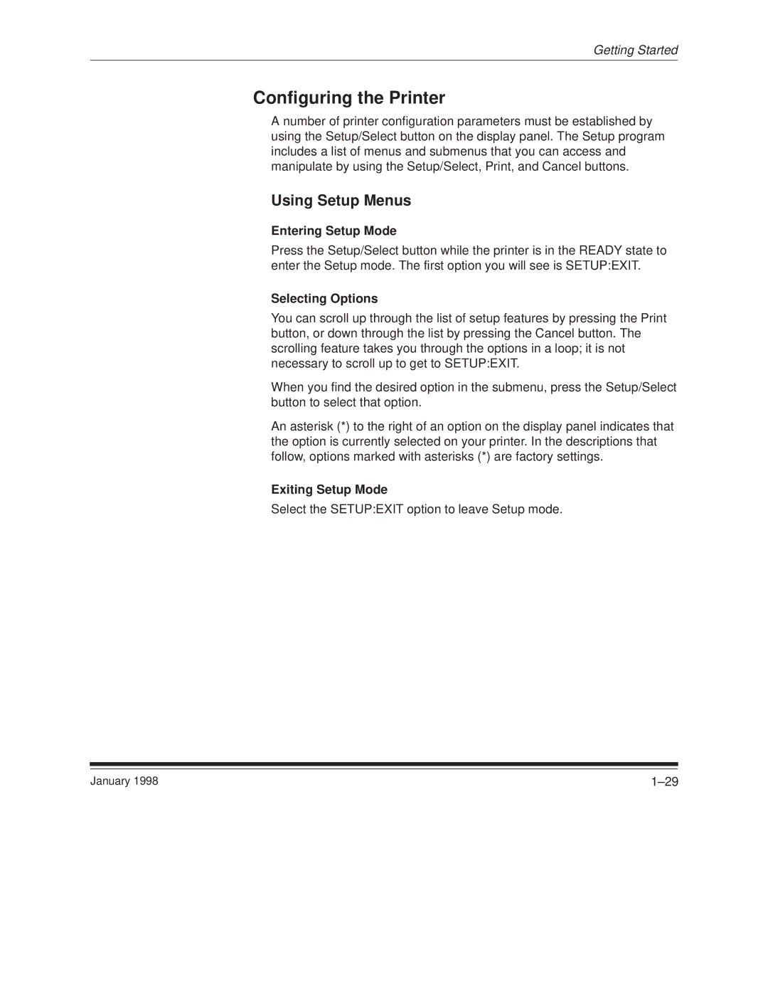 Kodak 8657 manual Configuring the Printer, Using Setup Menus, Entering Setup Mode, Selecting Options, Exiting Setup Mode 