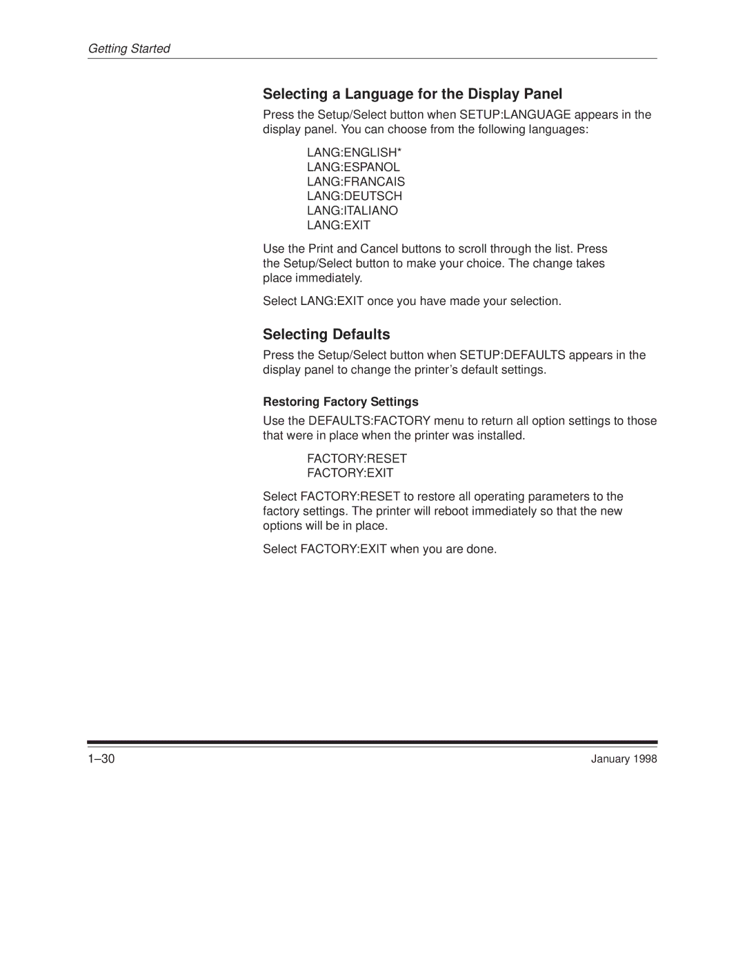 Kodak 8657 manual Selecting a Language for the Display Panel, Selecting Defaults, Restoring Factory Settings 