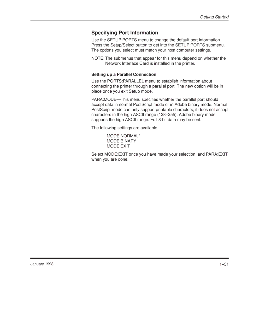 Kodak 8657 manual Specifying Port Information, Setting up a Parallel Connection, Modenormal Modebinary Modeexit 