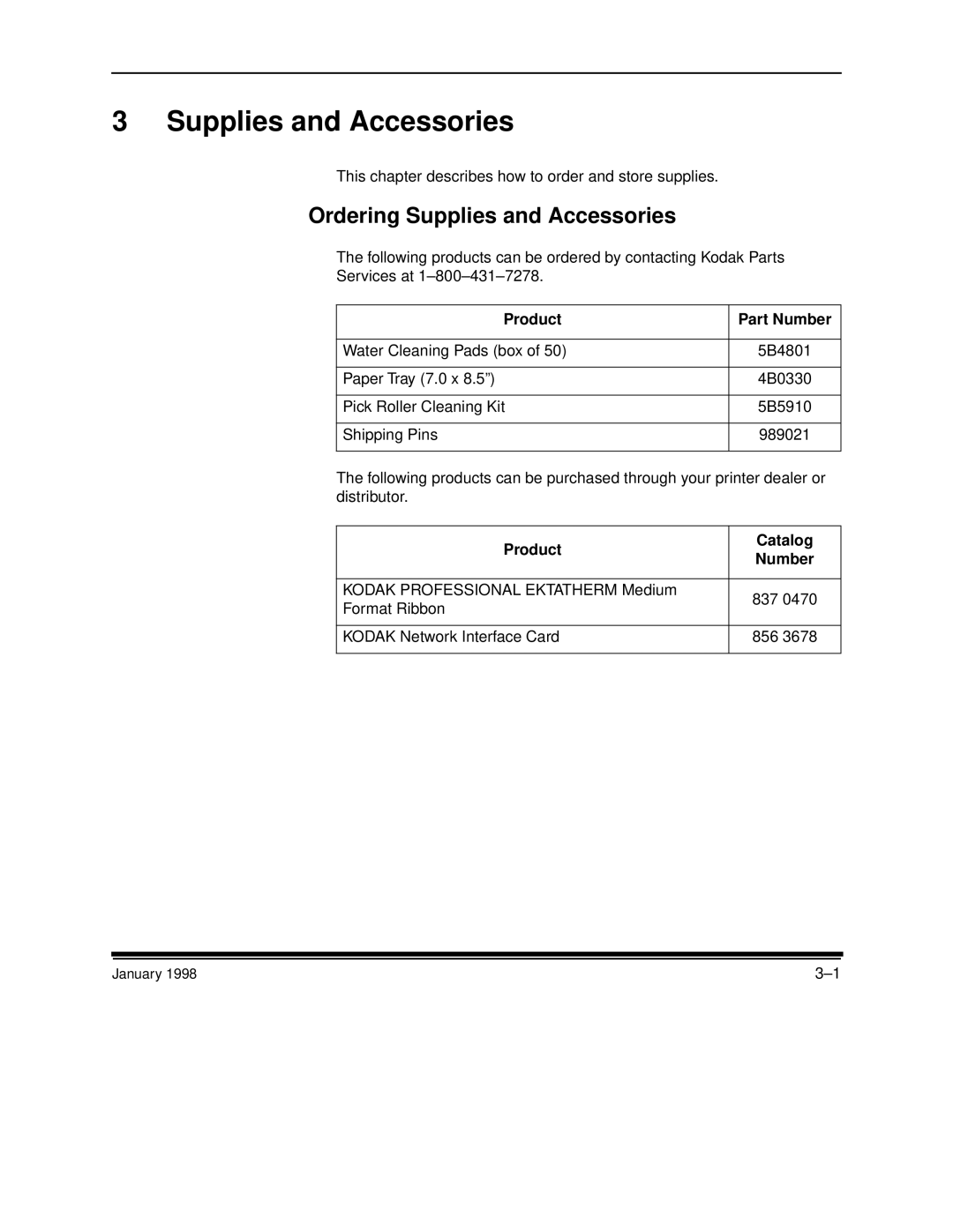 Kodak 8657 manual Ordering Supplies and Accessories, Product Part Number, Product Catalog Number 