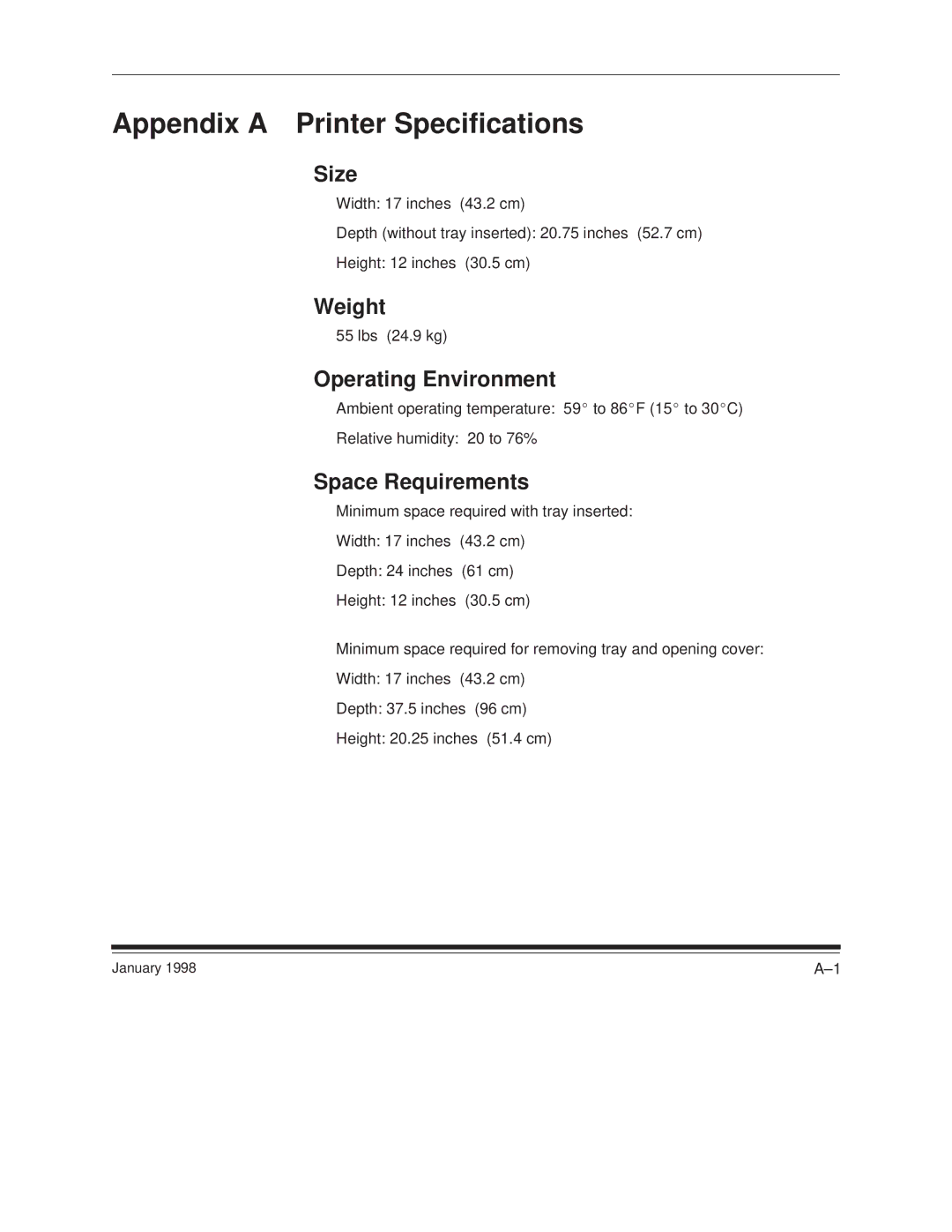 Kodak 8657 manual Appendix a Printer Specifications, Size, Weight, Operating Environment, Space Requirements 