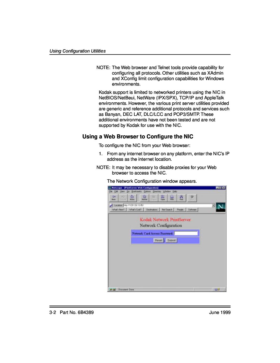 Kodak 8670, 8660 manual Using a Web Browser to Conﬁgure the NIC, Using Configuration Utilities 