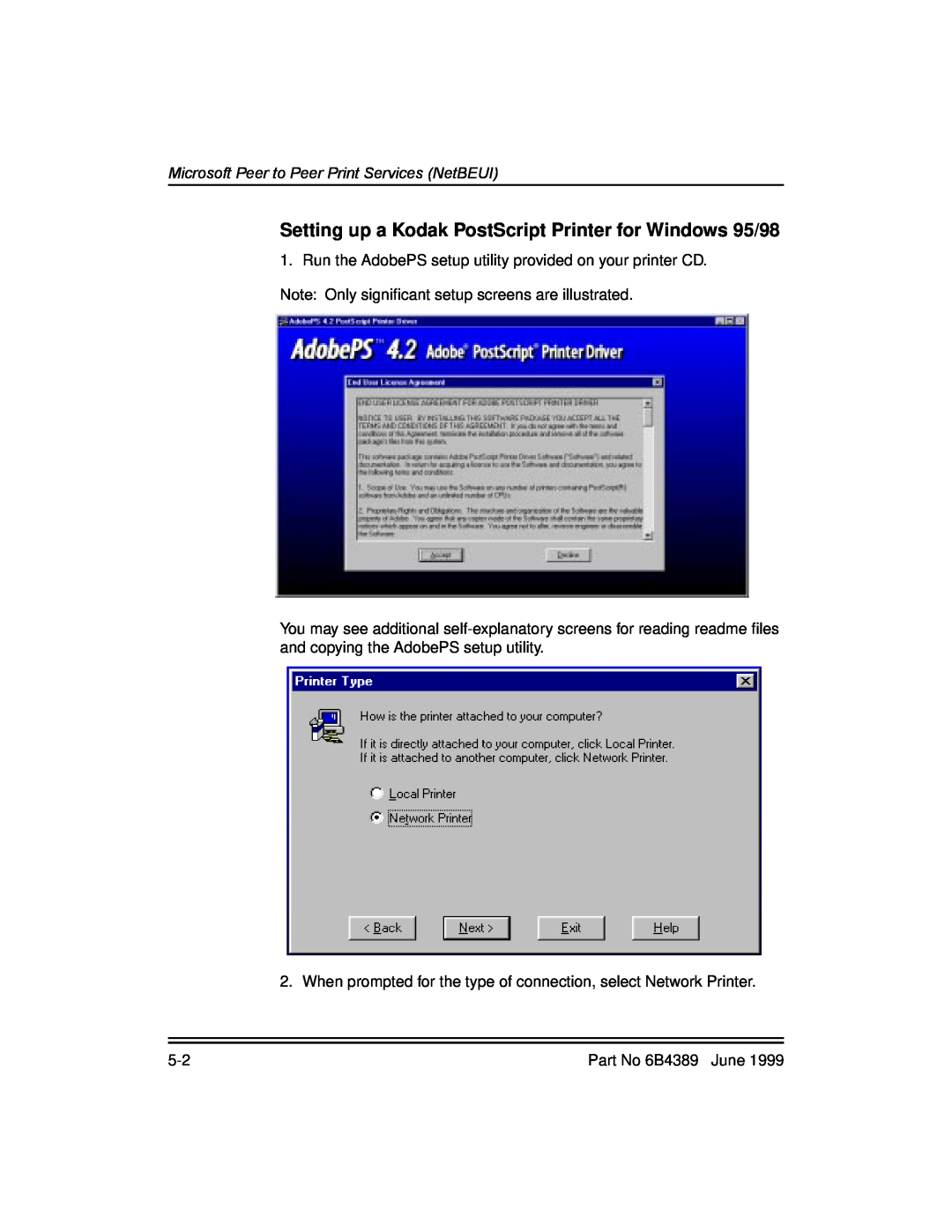 Kodak 8670, 8660 Setting up a Kodak PostScript Printer for Windows 95/98, Microsoft Peer to Peer Print Services NetBEUI 