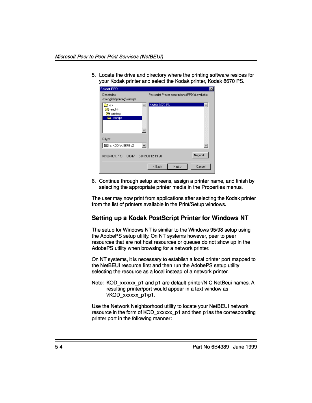 Kodak 8670, 8660 manual Setting up a Kodak PostScript Printer for Windows NT, Microsoft Peer to Peer Print Services NetBEUI 