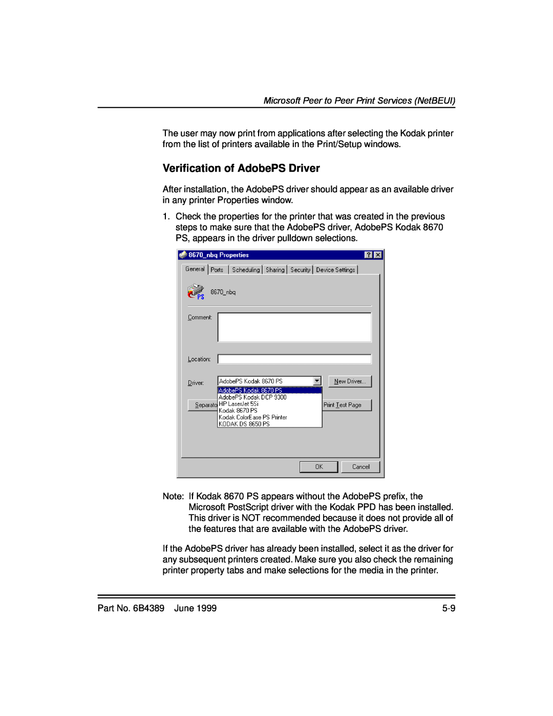 Kodak 8660, 8670 manual Veriﬁcation of AdobePS Driver, Microsoft Peer to Peer Print Services NetBEUI 