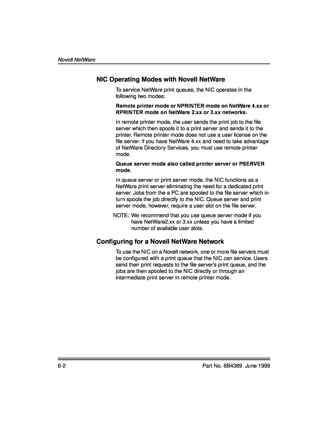 Kodak 8670, 8660 manual NIC Operating Modes with Novell NetWare, Conﬁguring for a Novell NetWare Network 