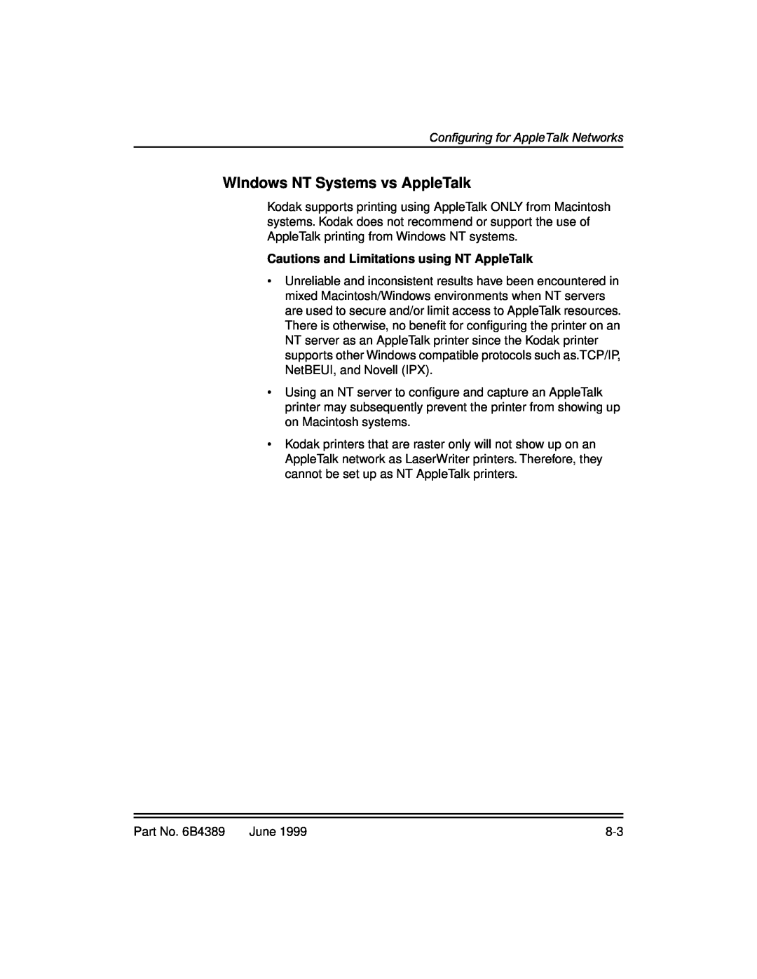 Kodak 8660, 8670 manual WIndows NT Systems vs AppleTalk, Cautions and Limitations using NT AppleTalk 