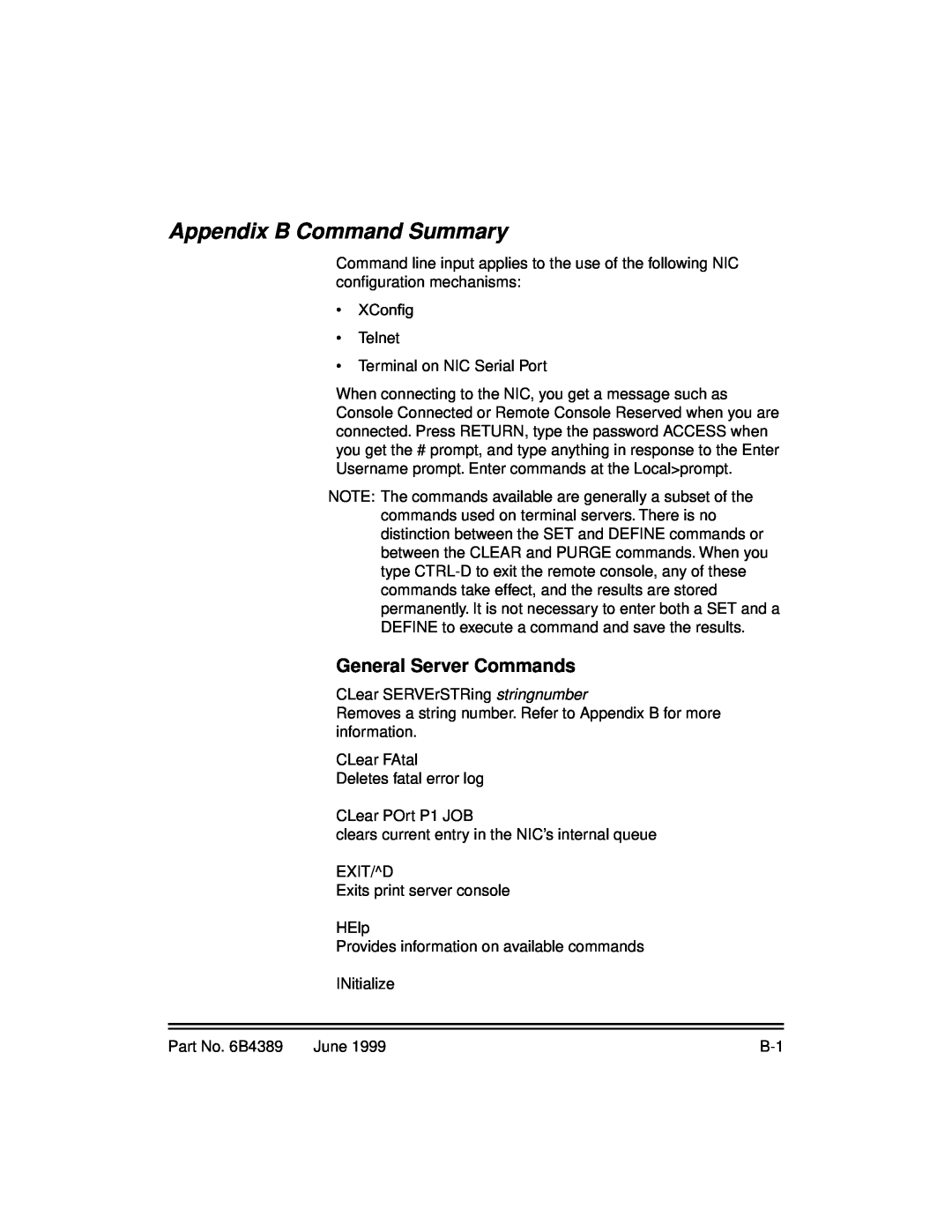 Kodak 8660, 8670 manual Appendix B Command Summary, General Server Commands 