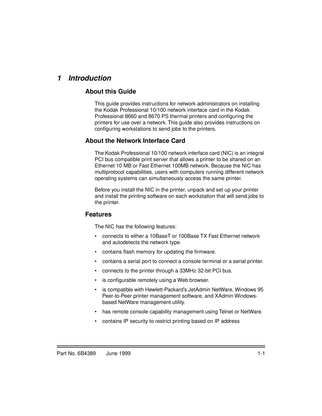 Kodak 8660, 8670 manual About this Guide, About the Network Interface Card, Features 