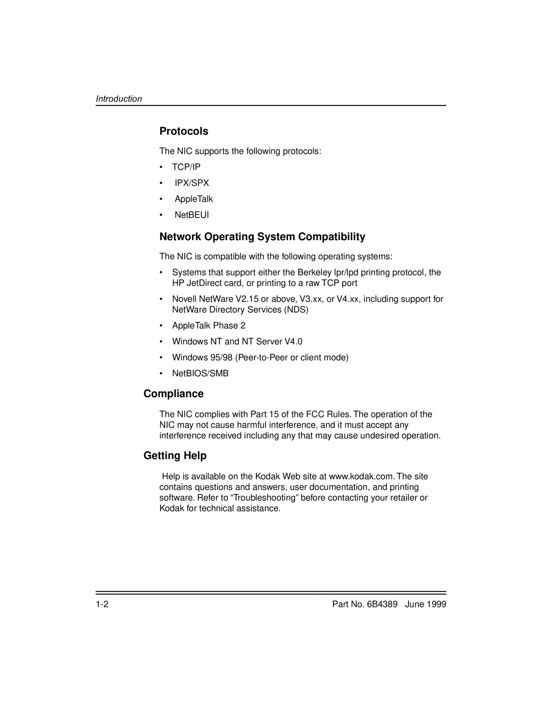 Kodak 8670, 8660 manual Protocols, Network Operating System Compatibility, Compliance, Getting Help 