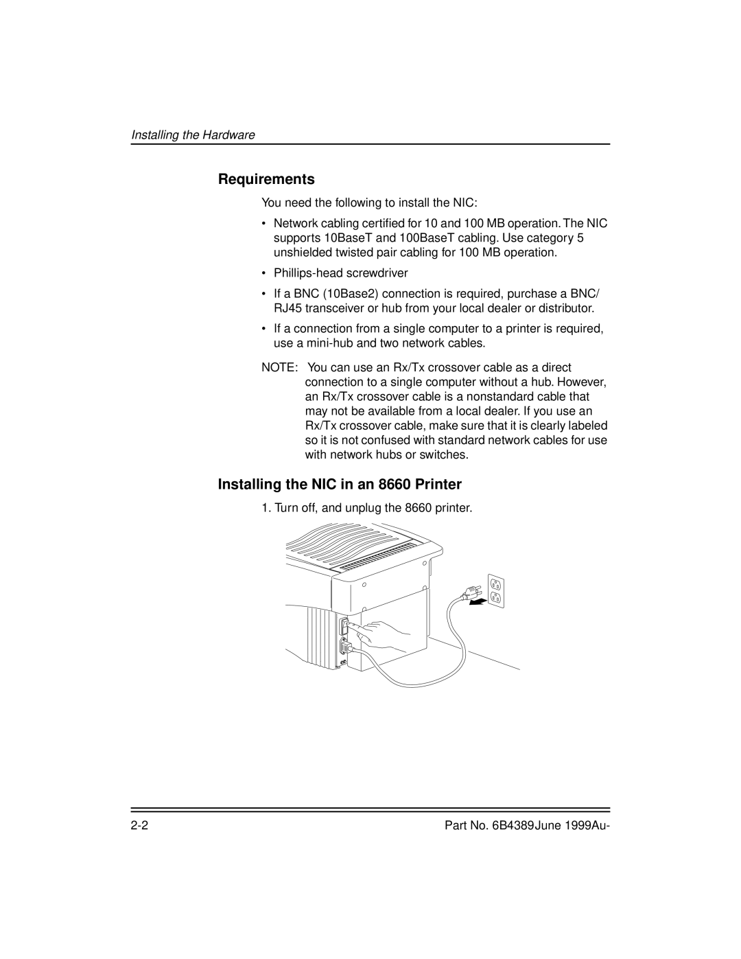 Kodak 8670 manual Requirements, Installing the NIC in an 8660 Printer 