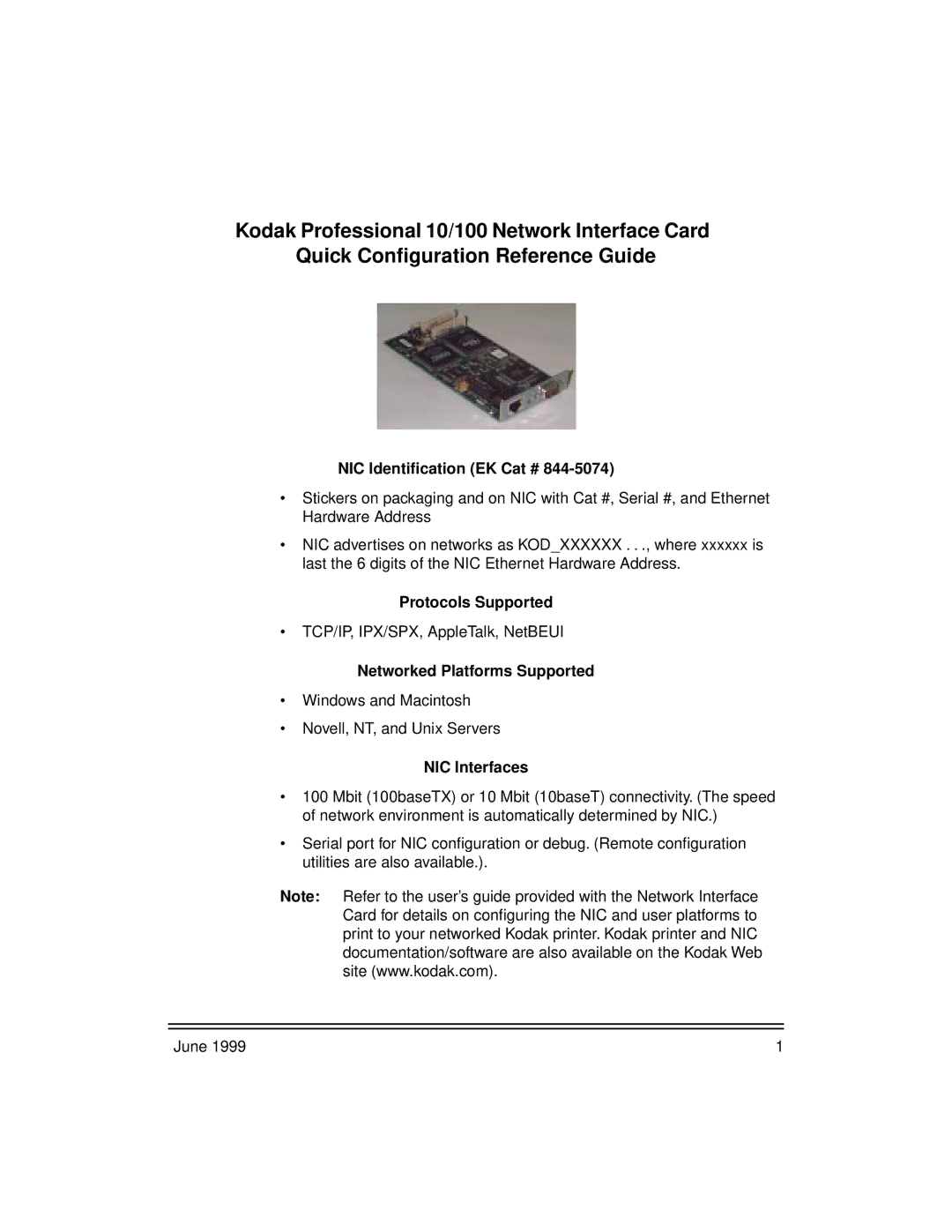 Kodak 8660, 8670 manual NIC Identiﬁcation EK Cat #, Protocols Supported, Networked Platforms Supported, NIC Interfaces 