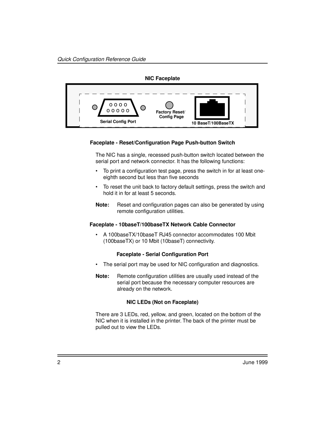 Kodak 8670, 8660 NIC Faceplate, Faceplate Reset/Conﬁguration Page Push-button Switch, Faceplate Serial Conﬁguration Port 