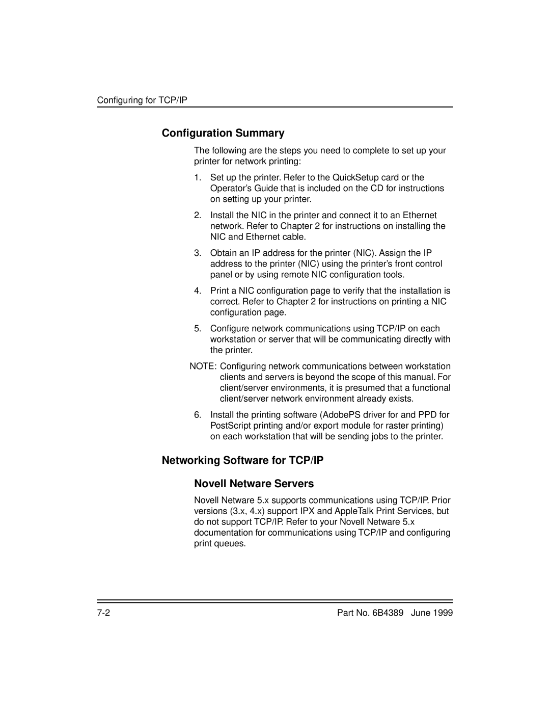 Kodak 8670, 8660 manual Conﬁguration Summary, Networking Software for TCP/IP Novell Netware Servers 