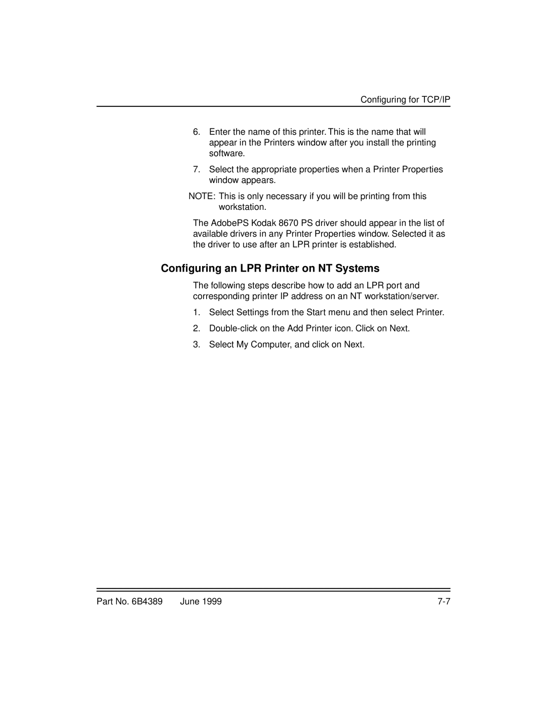 Kodak 8660, 8670 manual Conﬁguring an LPR Printer on NT Systems 