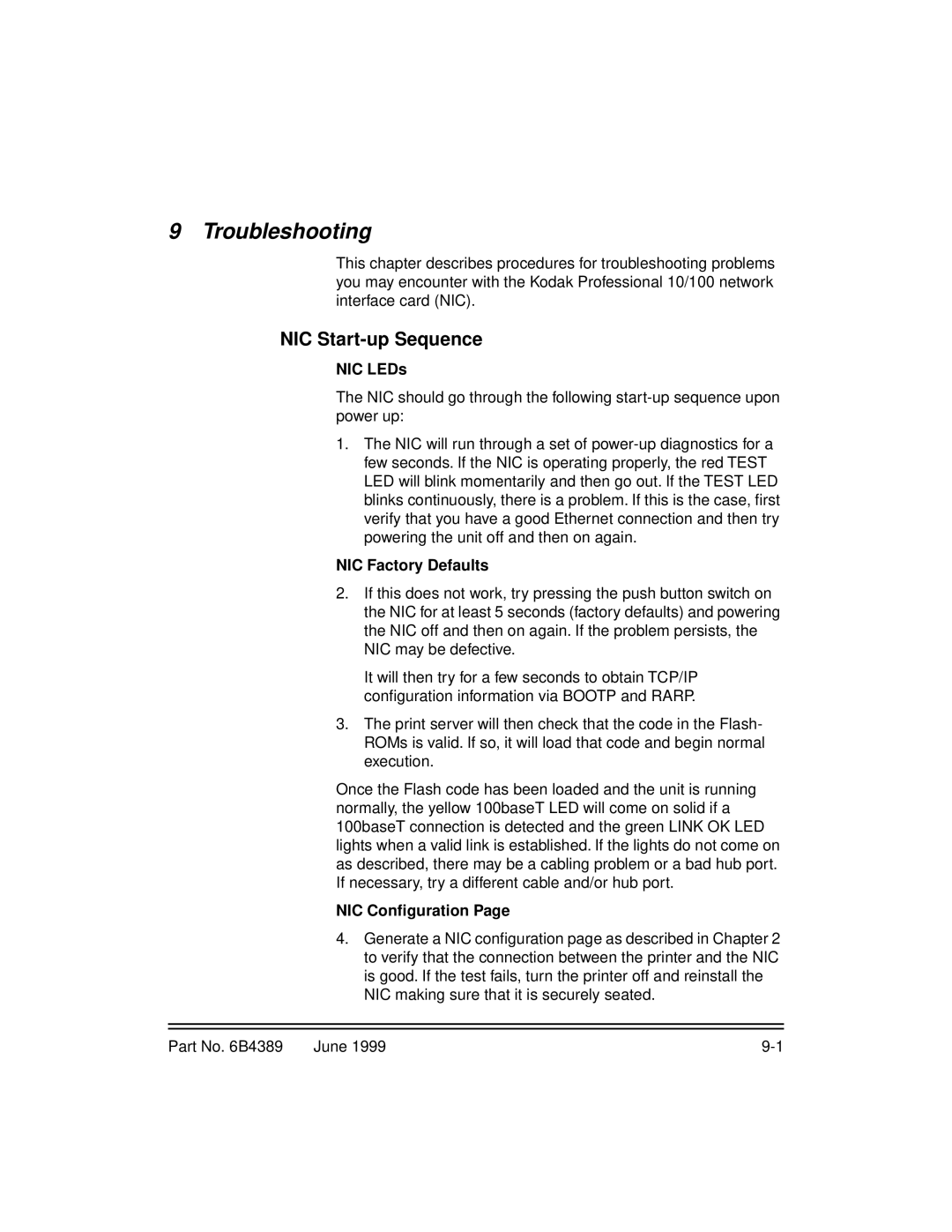 Kodak 8660, 8670 manual NIC Start-up Sequence, NIC LEDs, NIC Factory Defaults, NIC Conﬁguration 