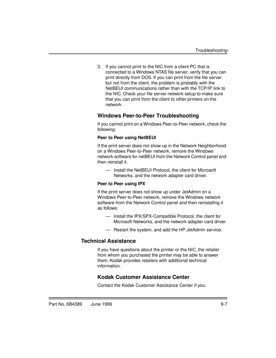 Kodak 8660, 8670 manual Windows Peer-to-Peer Troubleshooting, Technical Assistance, Kodak Customer Assistance Center 