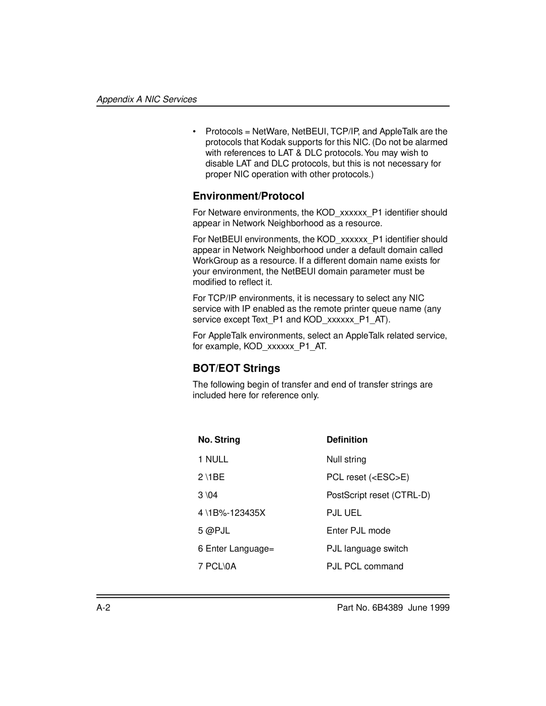 Kodak 8670, 8660 manual Environment/Protocol, BOT/EOT Strings, No. String Deﬁnition 