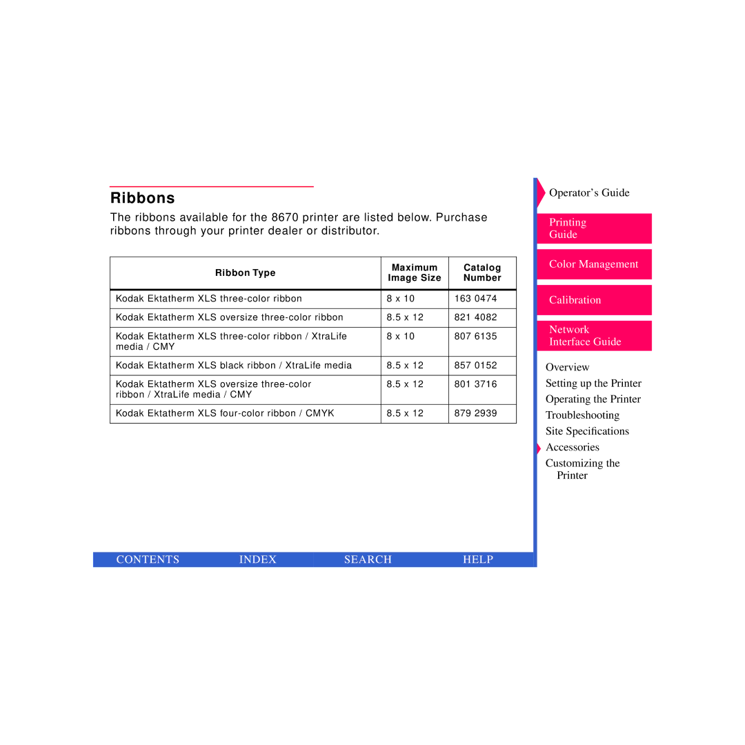 Kodak 8670 PS specifications Ribbons, Ribbon Type Maximum Catalog Image Size Number 