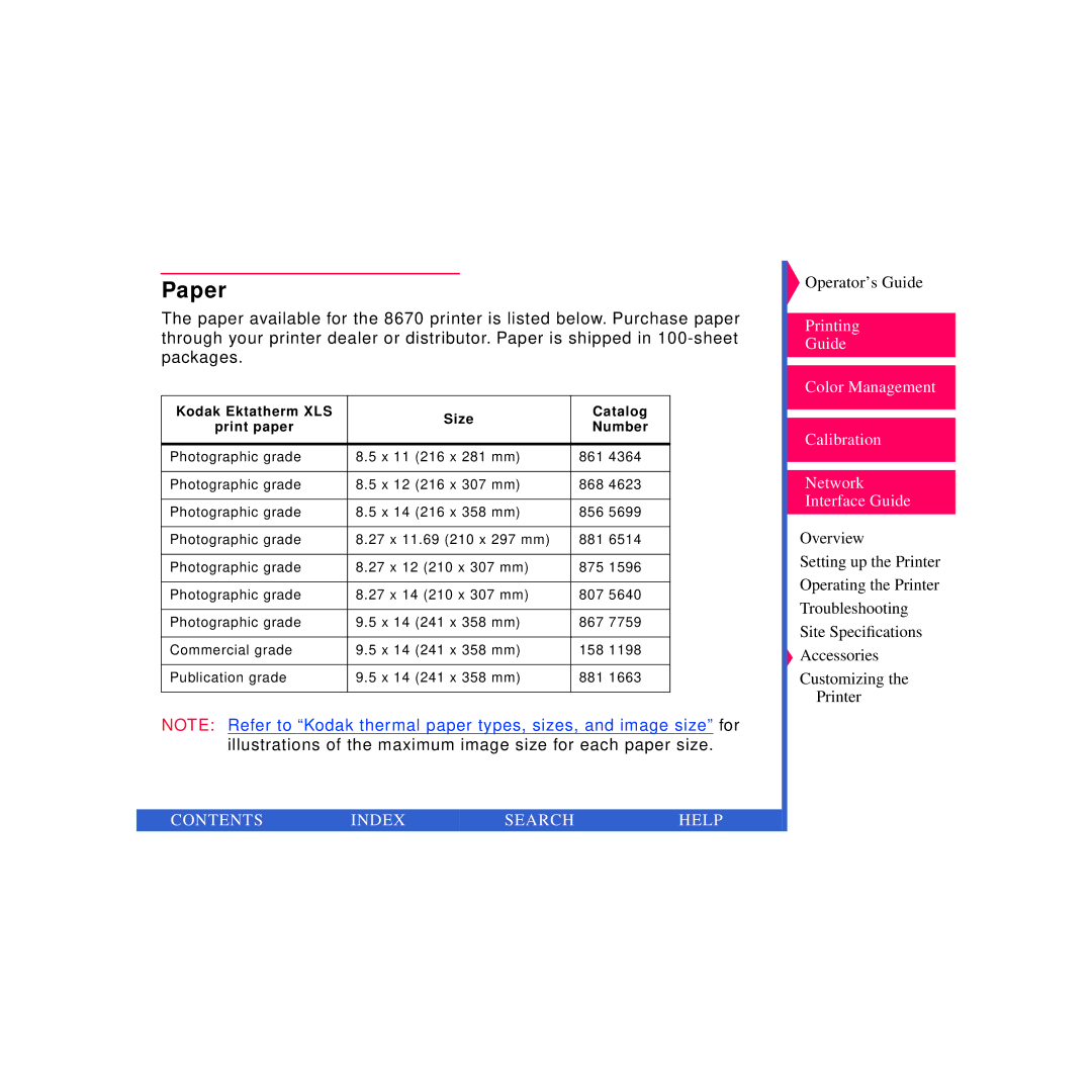 Kodak 8670 PS specifications Paper, Kodak Ektatherm XLS Size Catalog Print paper Number 