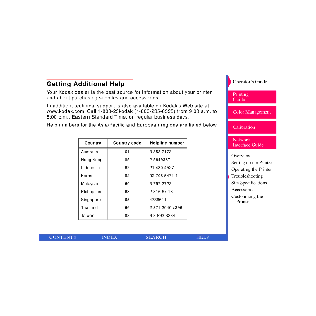Kodak 8670 PS specifications Getting Additional Help, Country Country code Helpline number 
